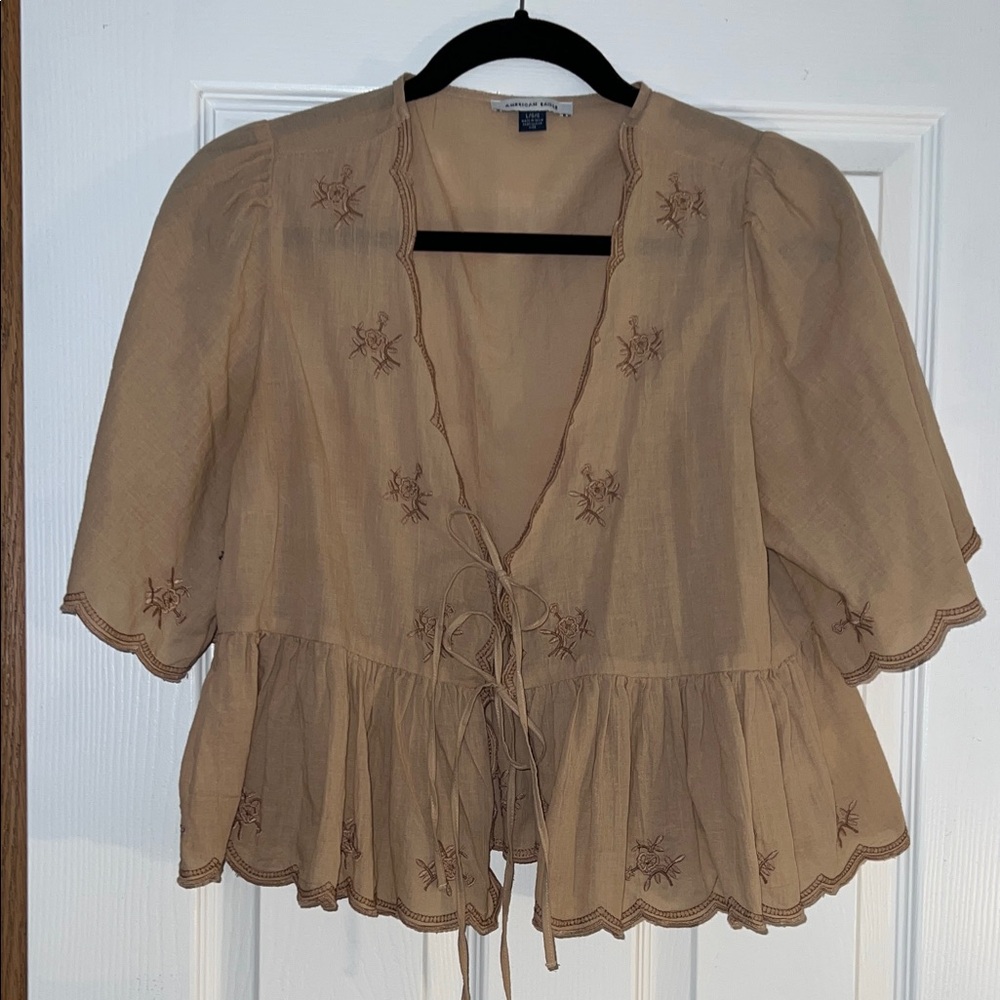 American Eagle Outfitters Tan Embroidered Blouse
